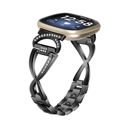 FitTurn for Fitbit Versa 4/Sense 2/Versa 3/Sense Bands for Women Men, Replacement Metal Cow horn + large fork Wristbands Strap with Bling Crystal Diamond Rhinestone Bracelet Bangle for Versa 4/Sense 2/Versa 3/Sense Smart Watch (Black)