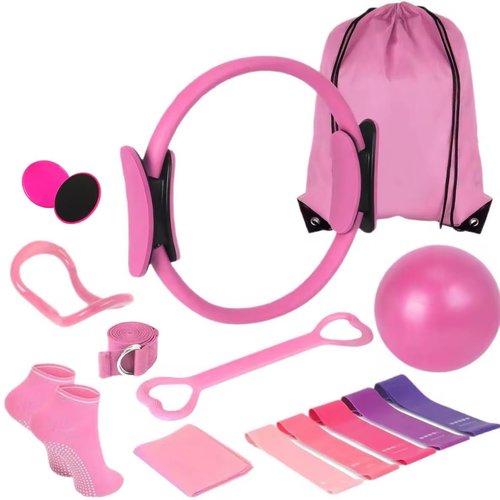 Pilates Kit for Women – Complete Pilates Equipment Set with Ring, Yoga Ball, Resistance Bands & Socks | 14 Pcs Pilates Kit for Toning & Flexibility | at Home Pilates Sets for Women (Pink)