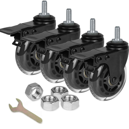 8T8 3 Inch Rubber Caster Wheels Heavy Duty with Brakes, 3/8"-16 x 1 Threaded Stem Casters Set of 4 (Screw Diameter 3/8", Length 1"), Quiet and Smooth Rolling Castors for Furniture Hardwood Floors