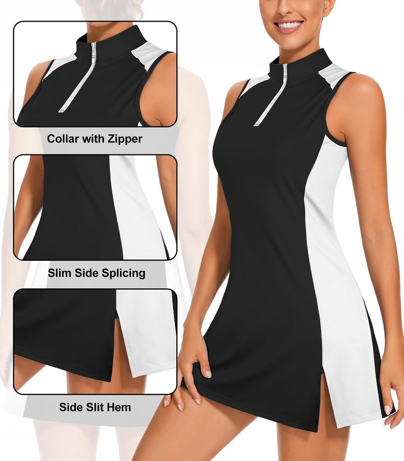 Viracy Tennis Dress for Women Side Slit Golf Dresses with Built in Shorts, Pockets Sleeveless Slimming Athletic Dress Zip Up Stand Collar Lightweight for Hiking Running, Black, Medium