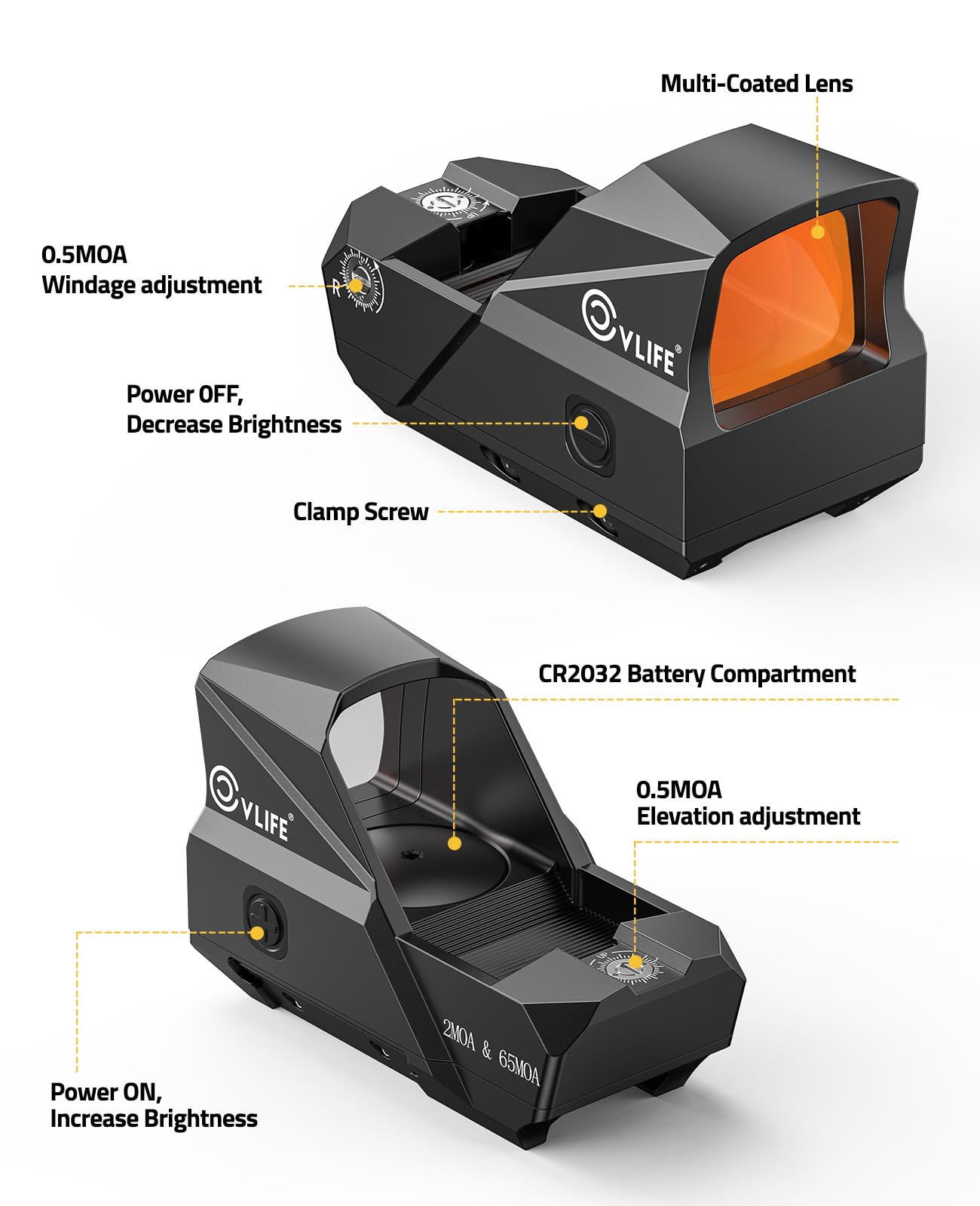 CVLIFE Multi Reticle Red Dot Sight for Rifle, 2 MOA Dot & 65 MOA Circle Open Reflex Sight with Motion Awake, Shockproof Rifle Red Dot Sight with 10 Brightness Settings, IPX7 Scope and Picatinny Mount