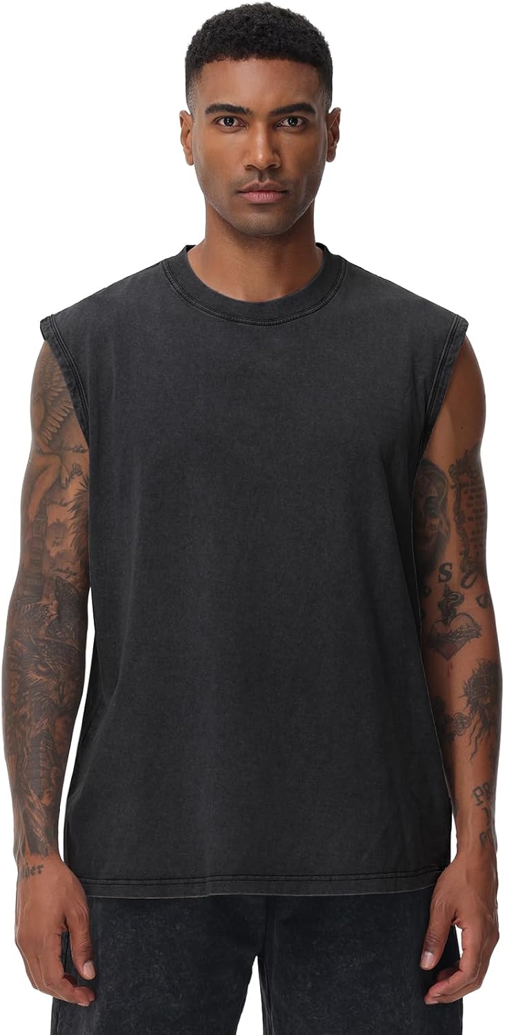 Skiennix Men's Workout Tank Tops - Sleeveless Muscle Shirt for Gym & Running - Acid Wash Loose Fit Tee