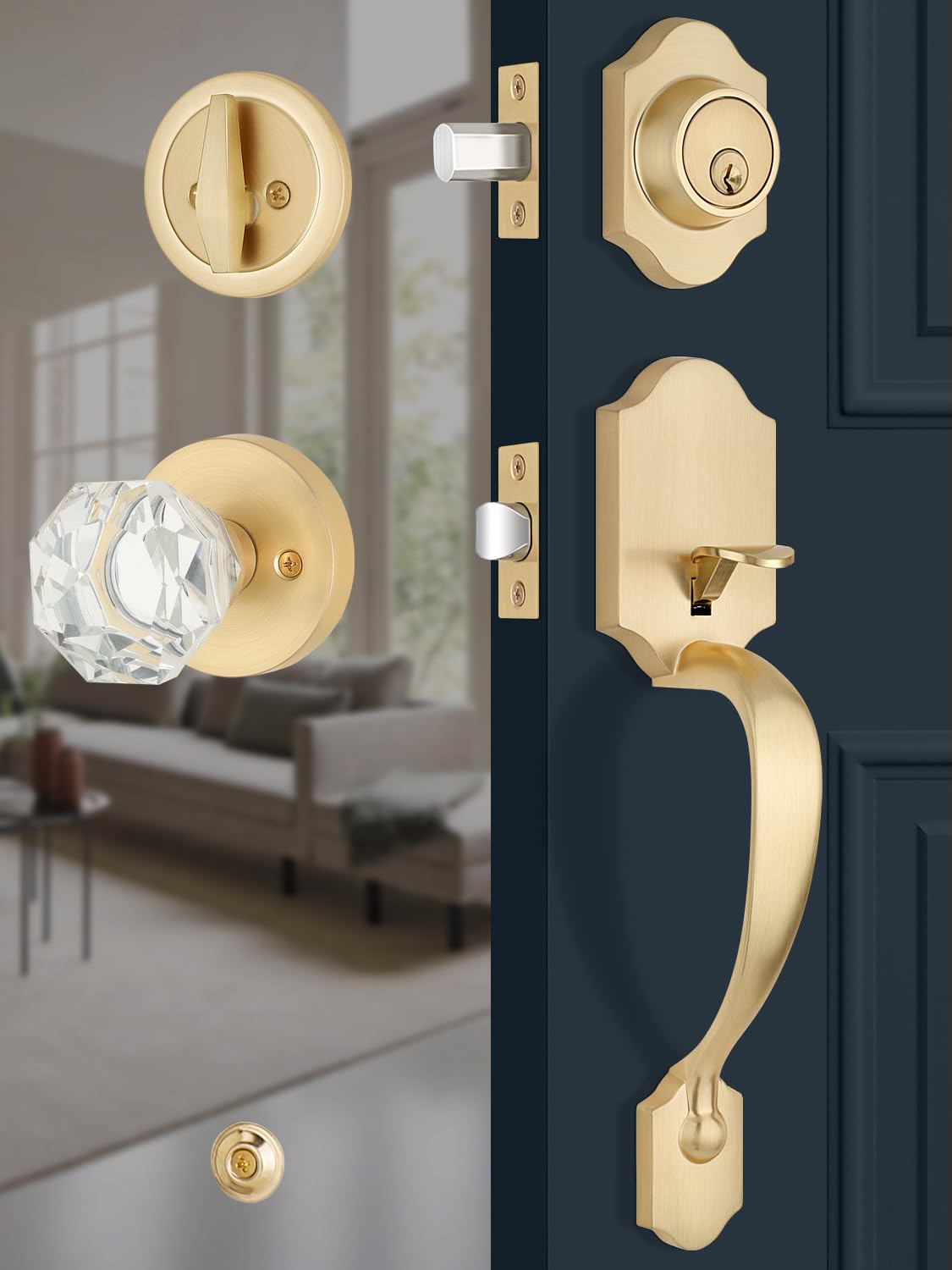 EHOMEWARE 1 Pack Front Door Lock Set, Exterior Door Handle Gold, Entry Door Locksets with Deadbolt, Front Door Handle, Glass Door Knobs, Reversible for Left & Right Doors, Satin Brass Finish