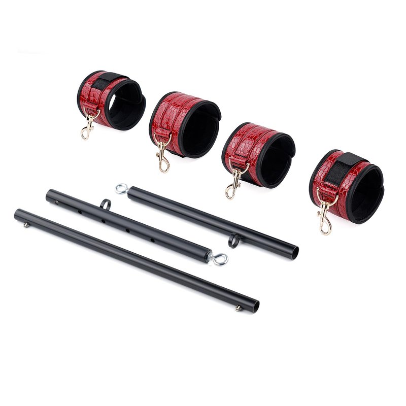Portable Heavy Duty Stainless Steel Expandable Black Spreader Bar with 4pcs Red PU Crocodile Adjustable Straps,Workout Bar for Home Gym Training Bar,Exercise Detachable Pilates Kit