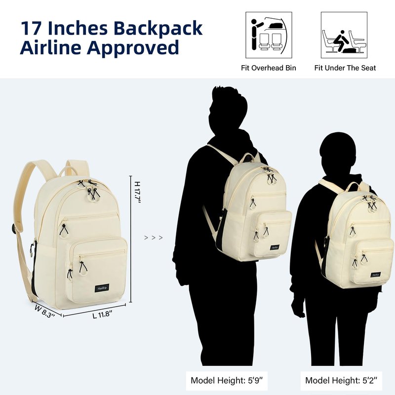 HanTrip Carry On Travel Backpack For Women, 18 Inch Water Resistant Large Backpack Lightweight Bookbag For Men, 8x14x18 Personal Item Bag Casual Daypack Backpacks For Work Office Commuter (Offwhite)