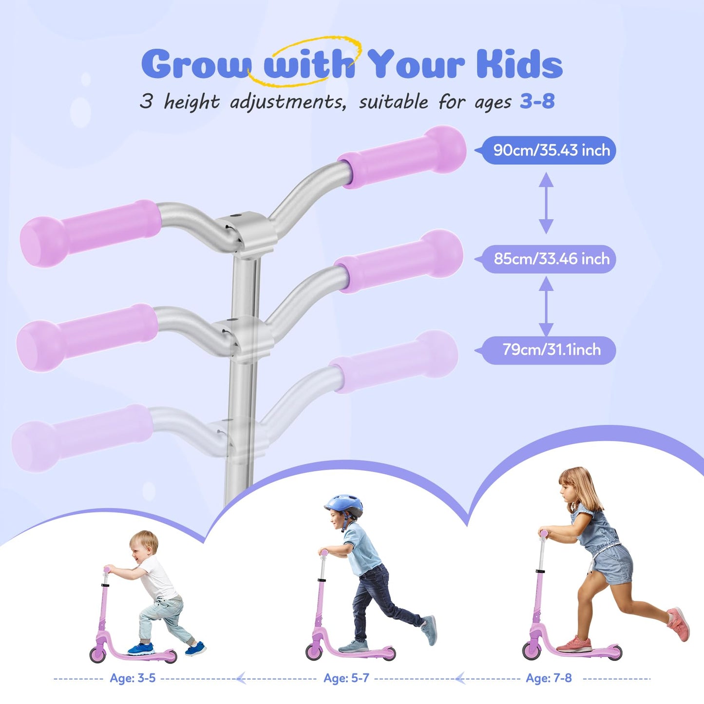TONBUX 2 Wheel Scooter for Kids Ages 5-8, Dual Zone 4 Modes Light Up Scooter with LED Deck & Wheels, 3-Level Adjustable Height Kids Scooters, Safe & Lightweight Gift for Boys Girls (Pink+Purple)