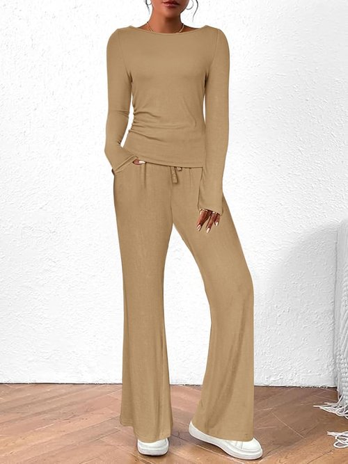 BeautyNee 2-Piece Matching Sweatsuit Set - Women's Casual Lounge Outfit with Wide Leg Pants & Crop Top in Khaki