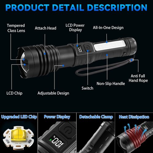 4Pack Flashlights High Lumens 9900FL, 7Mode Flashlight Rechargeable with LCD Digital Display, Rechargeable Flashlights with COB Light, Adjustable Super Bright Flashlight, Powerful Tactical Flash Light
