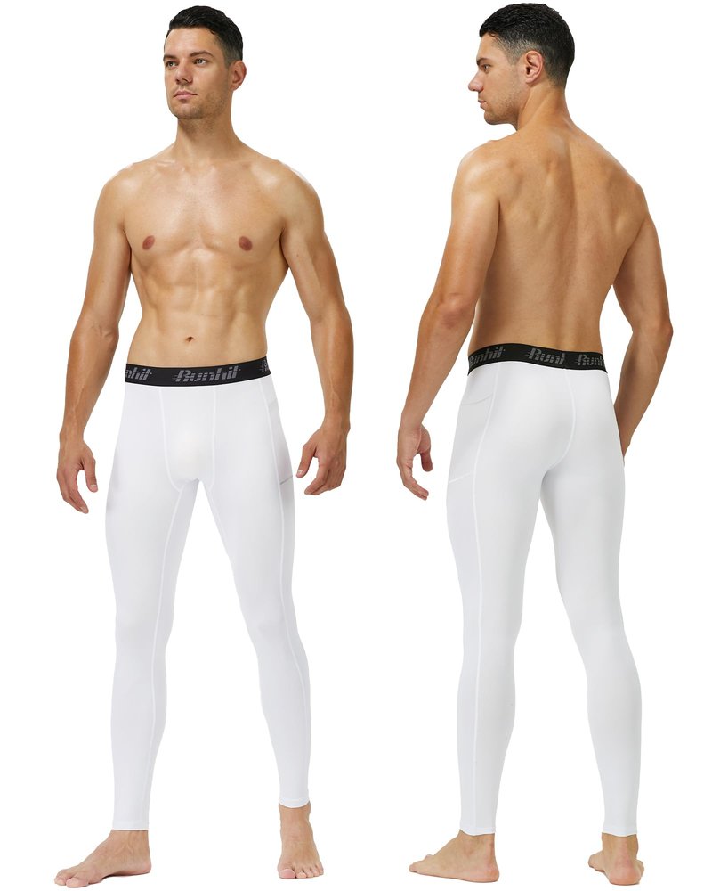 Runhit Mens Compression Pants Running Tights with Pockets Sports Leggings Spandex Workout Cycling Athletic Thermal (White,Medium)