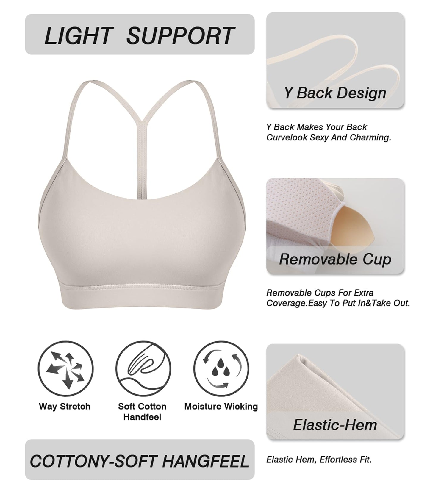 Y Back Sports Bra for Women Low Impact Racerback Workout Bras Sexy Thin Straps Yoga Sport Bras with Removable Pads(Beige-M)