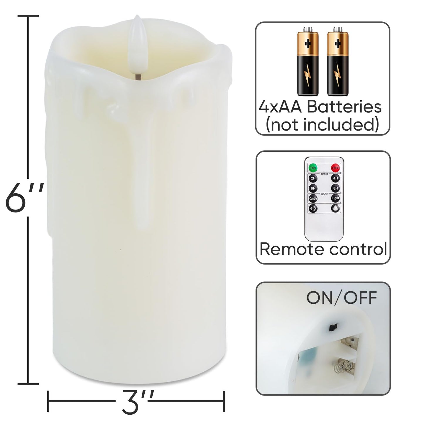 Homemory Dripping Wax Flameless Candles, Battery Operated Candles with Remote Control and Timers, LED Pillar Candles, Electric Fake Candles, 3" x 6", Set of 2