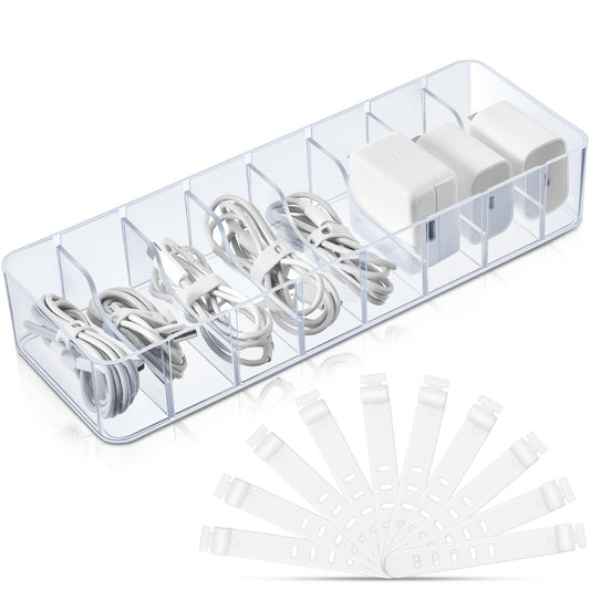 Tatuo 1 Pcs Cable Organizer with 10 Wire Ties, Plastic Cord Storage Charger Box Electronics Organizer with Adjustment Compartments Cable Storage for Drawer Home Office Desk Accessories (Clear)