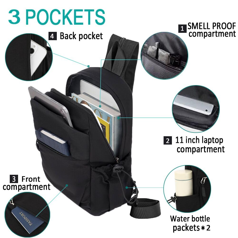 FEDESERN Carbon Lined Backpack,Waterproof Zipper Sling Backpack,Travel Chest Shoulder Bag,Lightweight Unisex Crossbody Casual Daypack for Men & Women (Black)