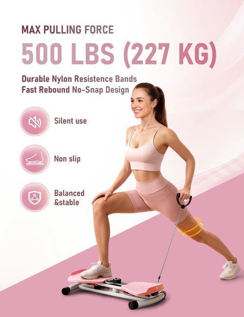 KOVAFLEX Waist Twister Machine with Smart Digital Counter and Resistance Bands 300 Lbs Capacity, Noiseless Ab Twister Board for Home Exercise, Fitness Equipment Ideal for Women to Burn Belly Fat and Tone Body(Pink)