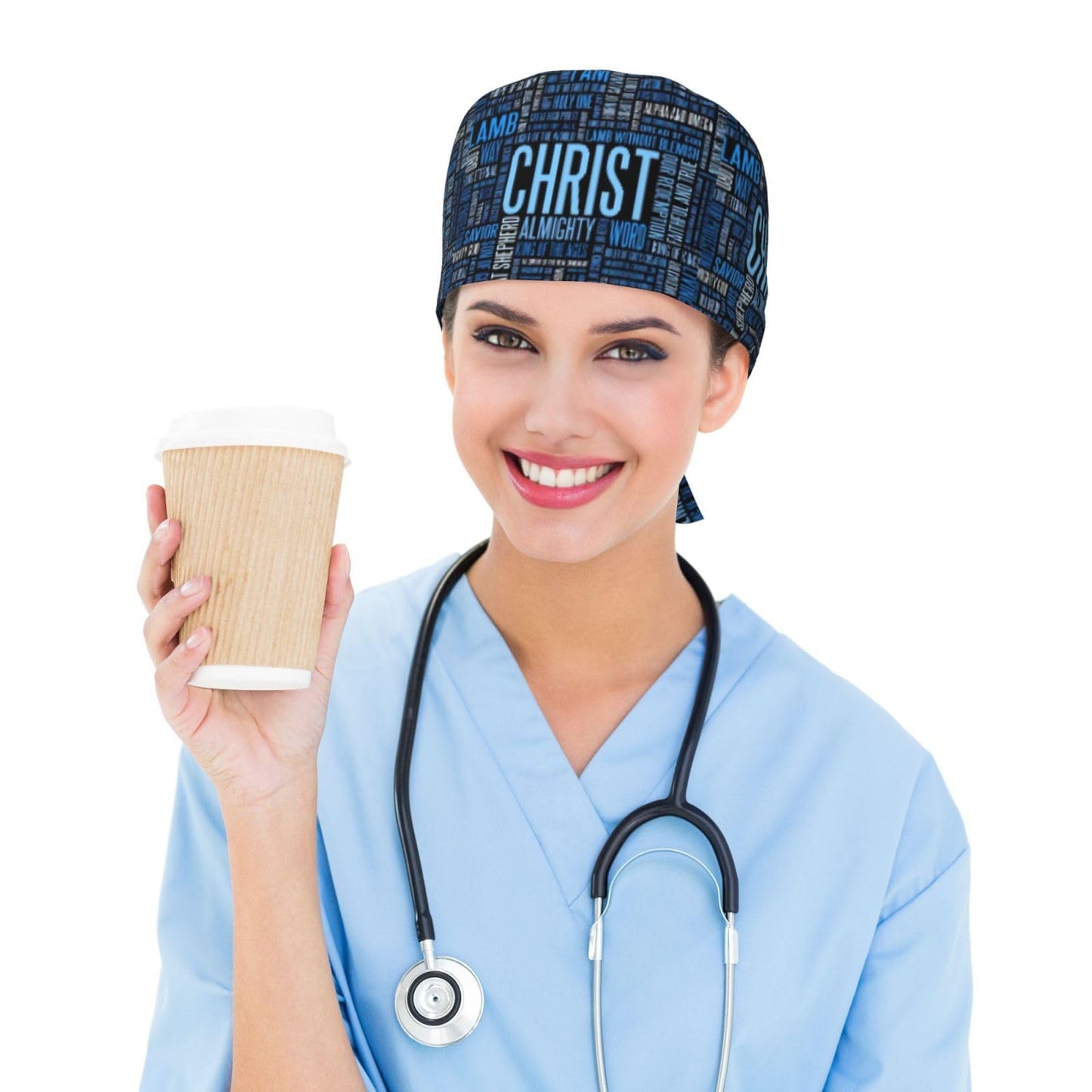 Christ Jesus Cross Working Cap Scrub Cap with Sweatband Adjustable Unisex Tie Back Hat Nursing Doctor Surgeon Cap for Women Men