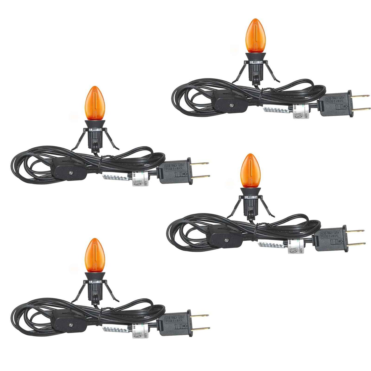 4 Pack Accessory Cord with One LED Orange Light Bulb, 6Ft Black Cord Halloween Night Lights with On/Off Switch Plugs, C7 Clips Indoor String Lights for Halloween Pumpkin Christmas Village House Crafts