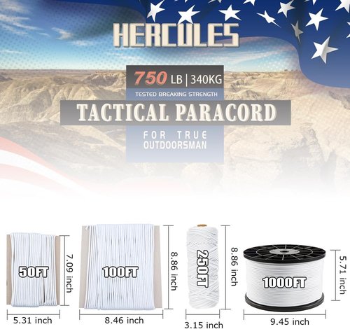 HERCULES 750lb Paracord | 4mm Tactical Parachute Cord - Durable Utility Rope for Camping & Survival (White, 50FT)