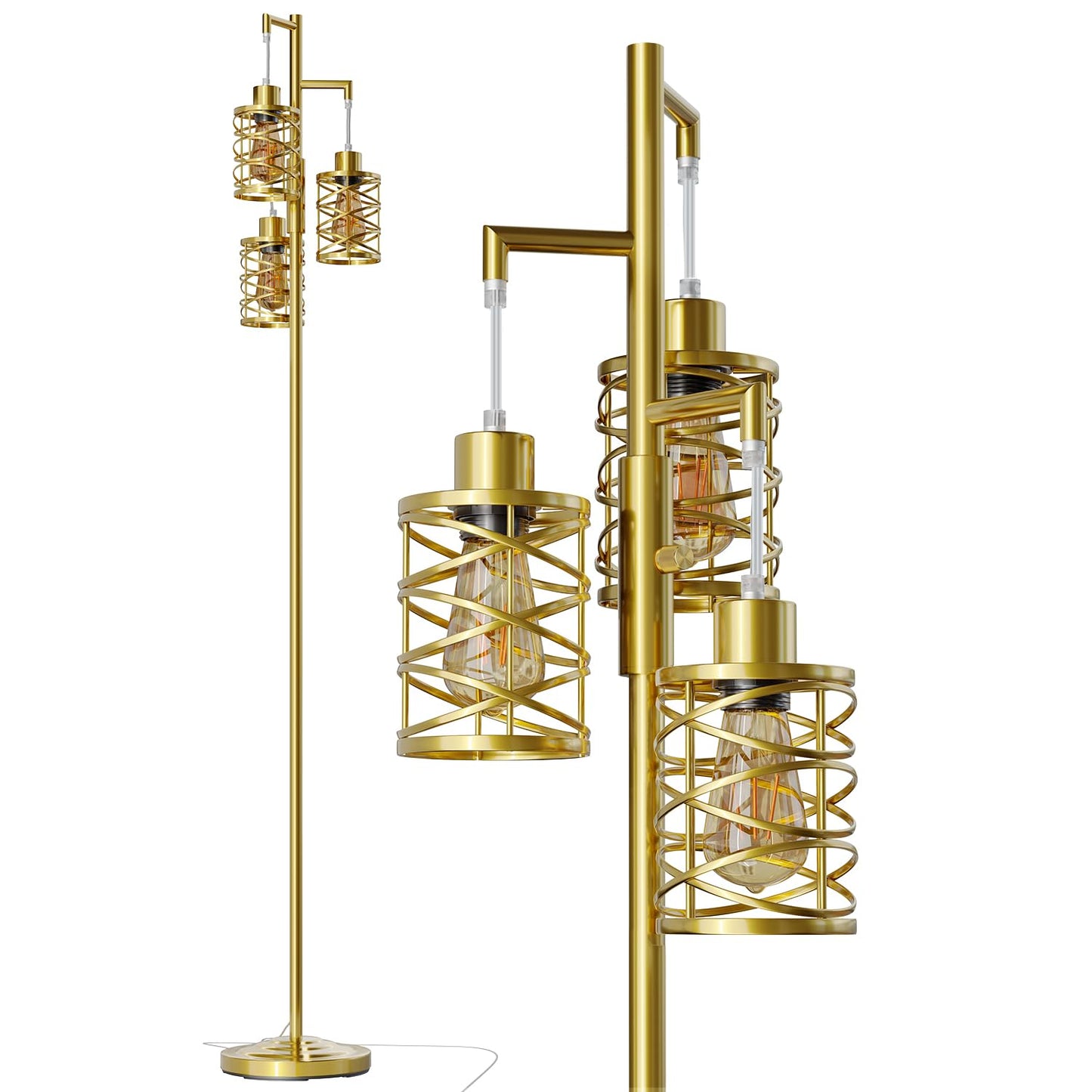 Oneach 70" Industrial Floor Lamp, Stepless Dimmable Standing Lamp with 3 Bulbs, Farmhouse Corner Standing Tree Lamp for Living Room, Tall Lamps for Bedroom, Office, Study Room, Dining Room, Gold