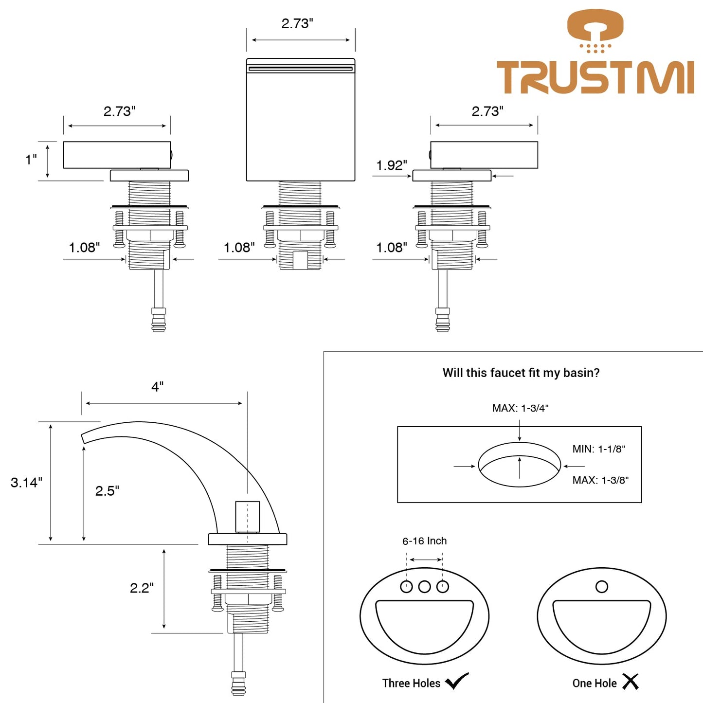 TRUSTMI 8 Inch Widespread Bathroom Faucet Brushed Gold - 2 Handle 3 Hole Lavatory Vanity Sink Faucet with Overflow Pop-Up Drain, Spot Resist, 3.14" Height, 2.7" Wide Waterfall Spout