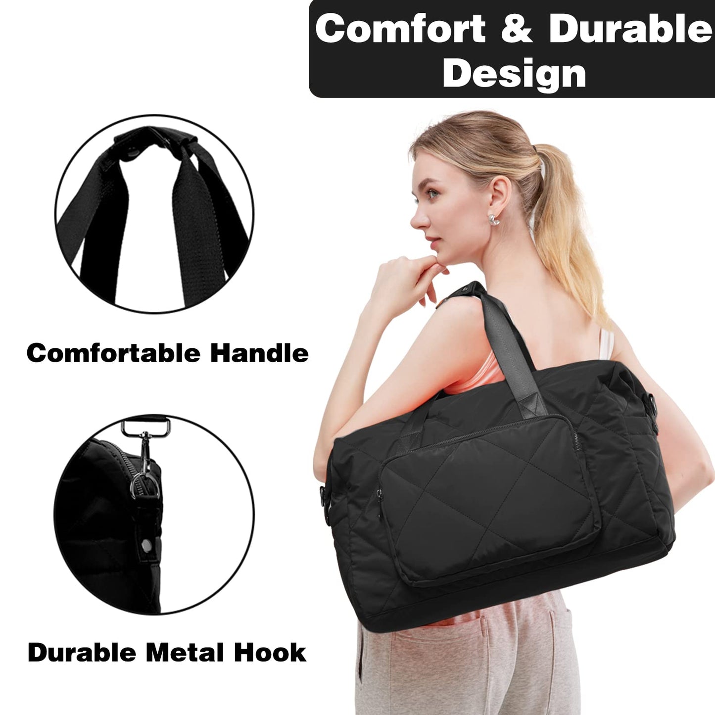 Sports Duffle Gym Bag for Women, Men- Lightweight Carry on Weekender Duffel Bag for Travel, Sports, Gym, Yoga - Water Resistant, Black