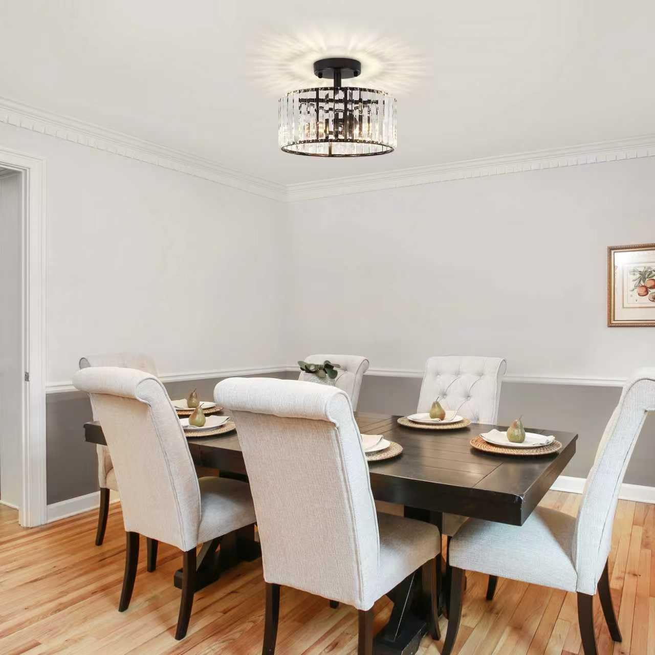 TOULMJ Crystal Ceiling Light, 3-Light Semi Flush Mount Ceiling Lighting Fixture, Black Round Hallway Light Fixtures for Kitchen Entryway Bedroom Laundry Room