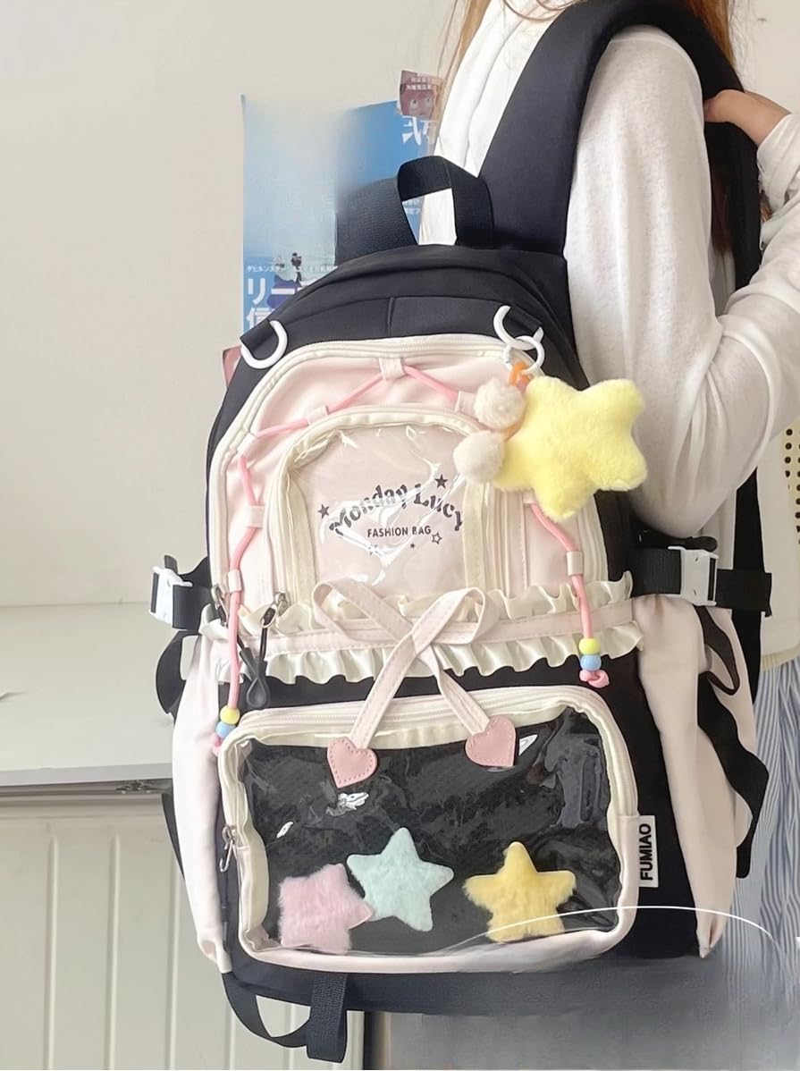 Ita Bag Kawaii Y2K Bookbag Aesthetic Spacious Star Backpack with Bow Pouch for Anime Convention Travel Casual Outing (Black)