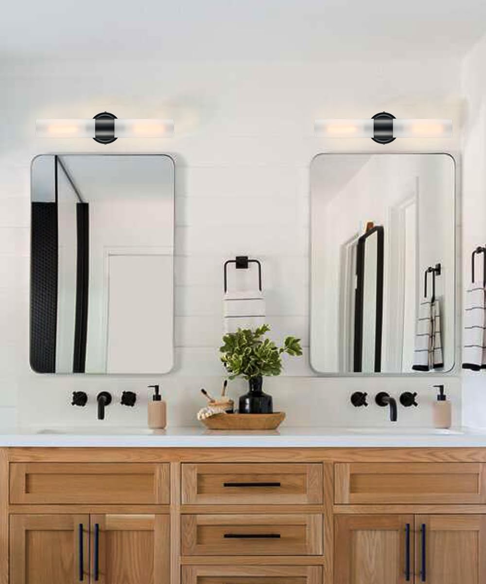 DAYCENT Modern Black Bathroom Vanity Lights Farmhouse 2-Light Frosted Glass Wall Sconce Matte Black Cylinder Sconces Wall Lighting for Bedroom Hallway Living Room, 20" H