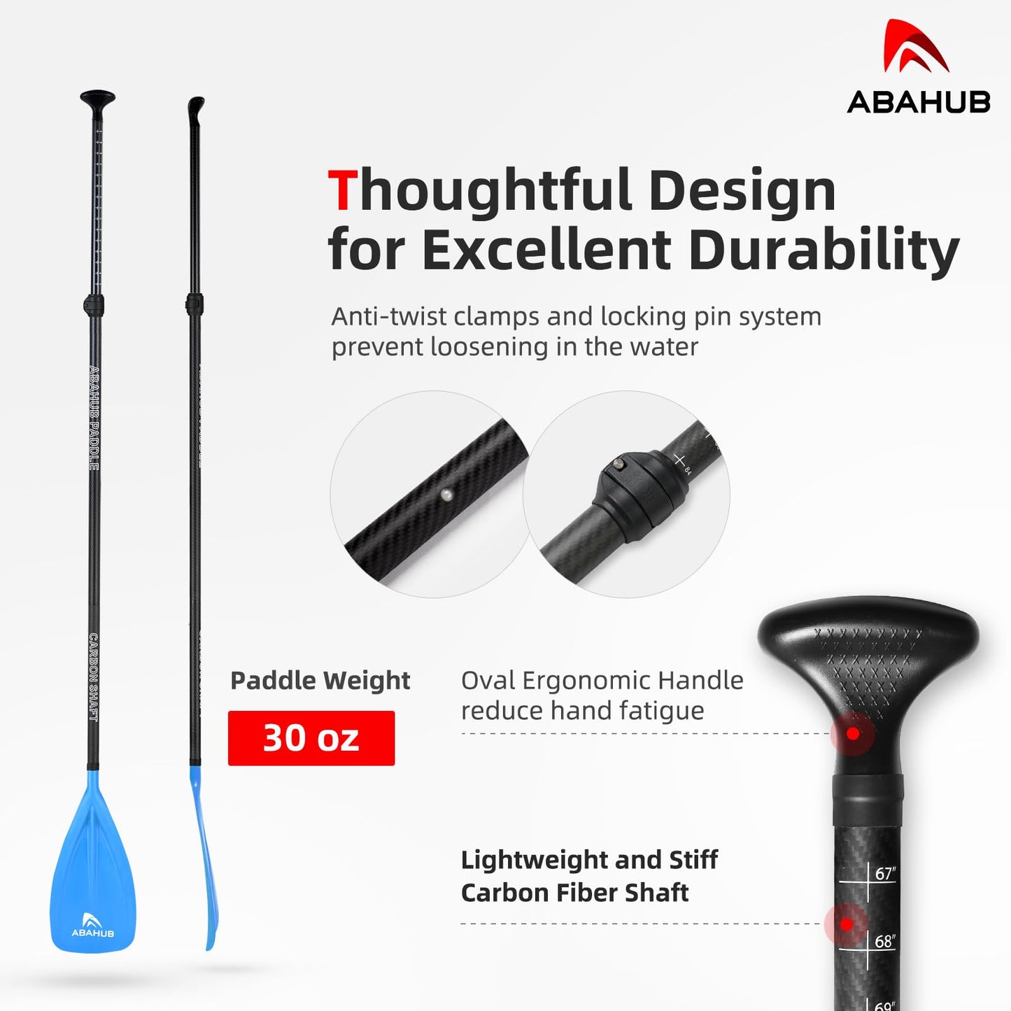 Abahub Carbon Fiber SUP Paddle 3-Piece,Adjustable 67-86" with Bag,Blue