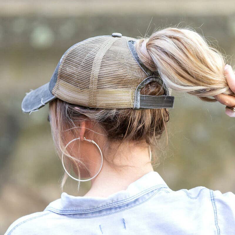 Distressed Ponytail Baseball Cap for Women - Grey 7-7 3/8