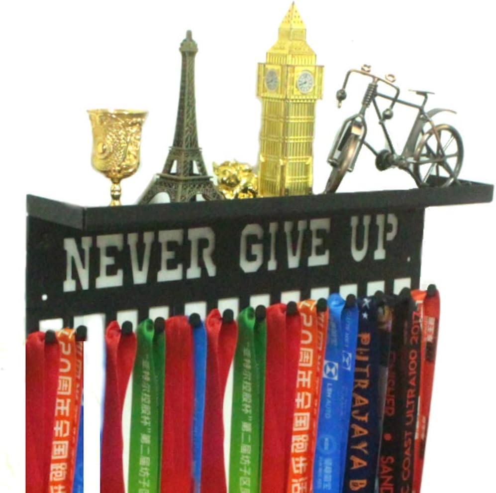 Never Give Up Medal Hanger | Trophy Display Shelf with Hooks - Easy Install Wall Rack (Black)