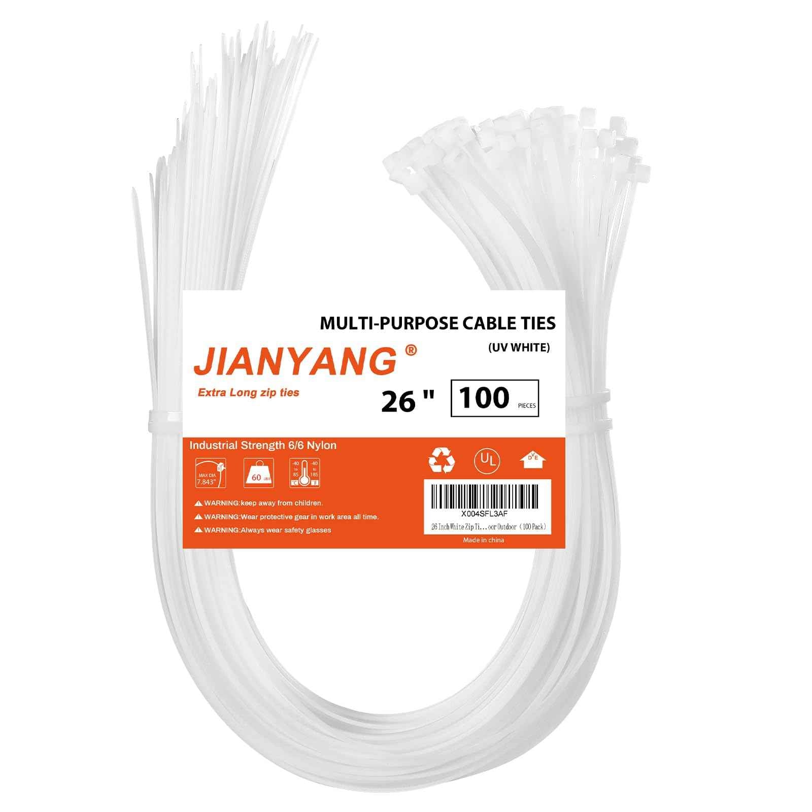 26 Inch White Long Zip Ties,60 LBS Tensile Strength Heavy Duty Large Cable Wire Ties With Self-Locking Adjustable More Durable Nylon Tie Wraps for Indoor Outdoor（100 Pack）