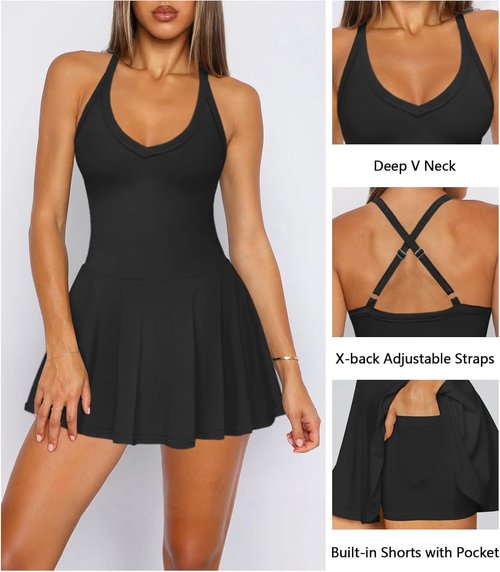 Hragc Women's V Neck Tennis Dress - Summer Athletic Golf Mini Dress with Pockets & Shorts