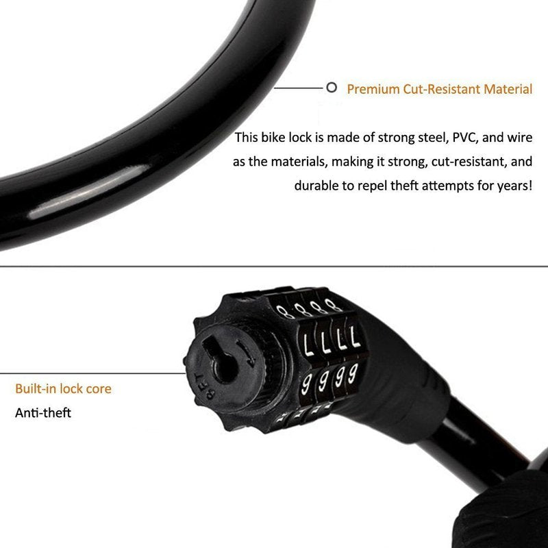 Sanwo Security Bike Lock 4 Digit Resettable Combination Cable Lock for Bicycle, 2 Feet x 1/2 Inch (Black)