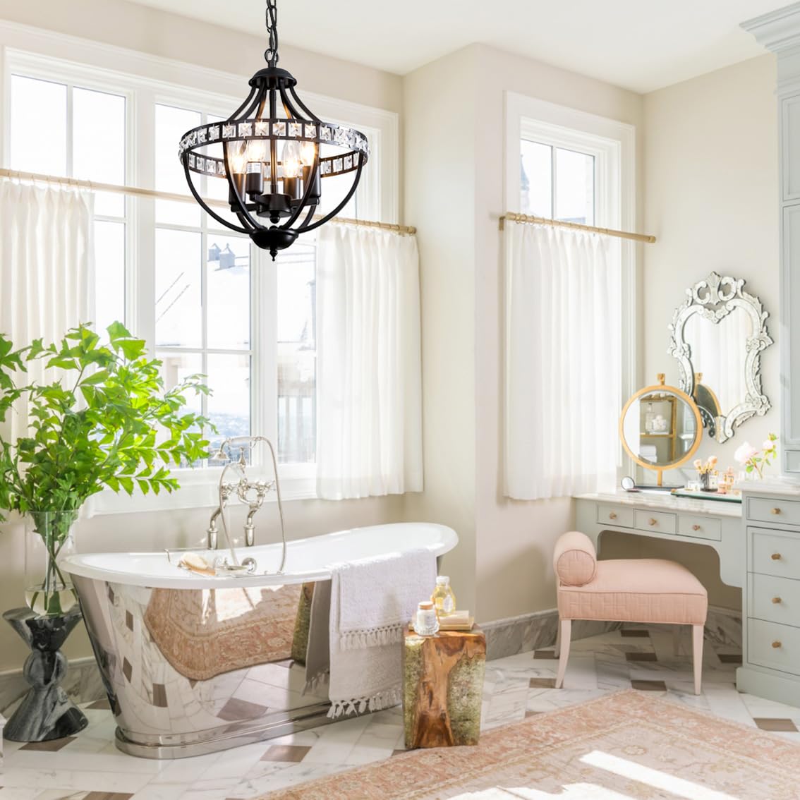 Threebro Crystal Chandeliers，Farmhouse Ceiling Chandelier Rustic Vintage Black Pendant Hanging Lighting for Dining Room Living Room Entryway Kitchen Island Bedroom Foyer Lighting（4-Light）