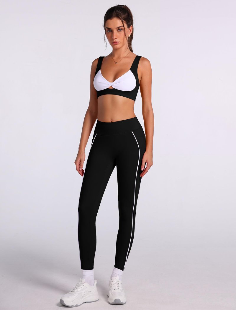 ABOCIW Workout Sets for Women 2 Piece Contrast Trims Twist Front Sports Bra High Waist Leggings with Pockets Gym Sets Activewear Yoga Pilates Outfits Black X-Large