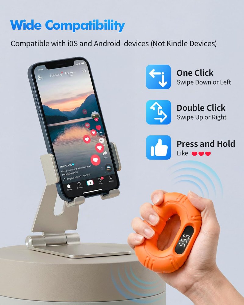 TikTok Scrolling Ring & Bluetooth Page Turner - 20lb Grip Strength Trainer Hand Gripper, Hand Strengthening Devices, Portable Gym & Therapy Accessories,Orange