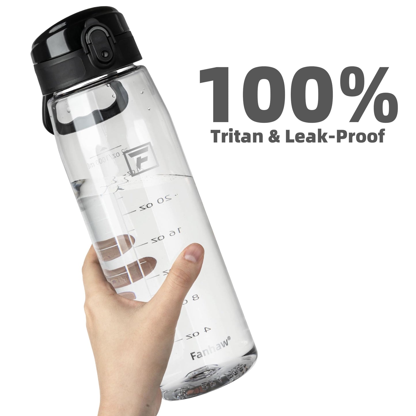 Fanhaw 32 oz Clear Plastic Water Bottle, BPA Free Leakproof Tritan Sports Water Bottle with Chug Lid, Wide Mouth Reusable Bottle for Gym, Travel, School & Office (Clear & Black)