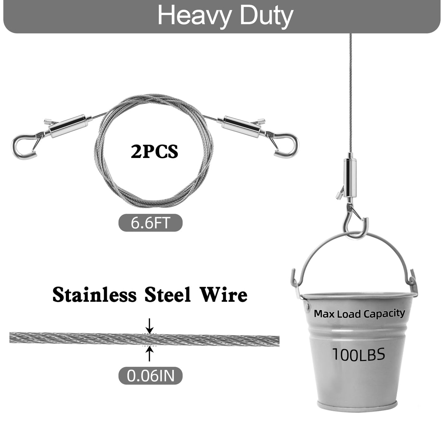 Adjustable Picture Hanging Wire, Upgrade Mirror Frame Hanging Kit, 6.6FT Heavy Duty Stainless Steel Wire Rope, Supports Up to 100lbs (Silver, 4PC-6.6FT)