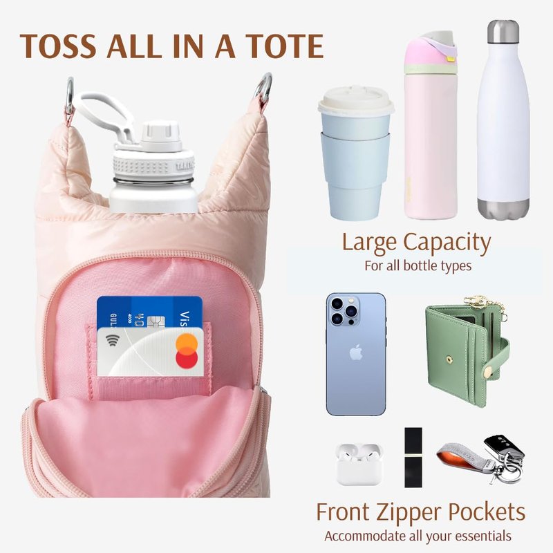 Original Crossbody Water Bottle Bag/Water Bottle Holder Bag/Quilted Puffer Tote Tumbler Holder with Pockets for Phone & Accessories/For walking, hiking, workout/BEST GIFT for woman (Gold)