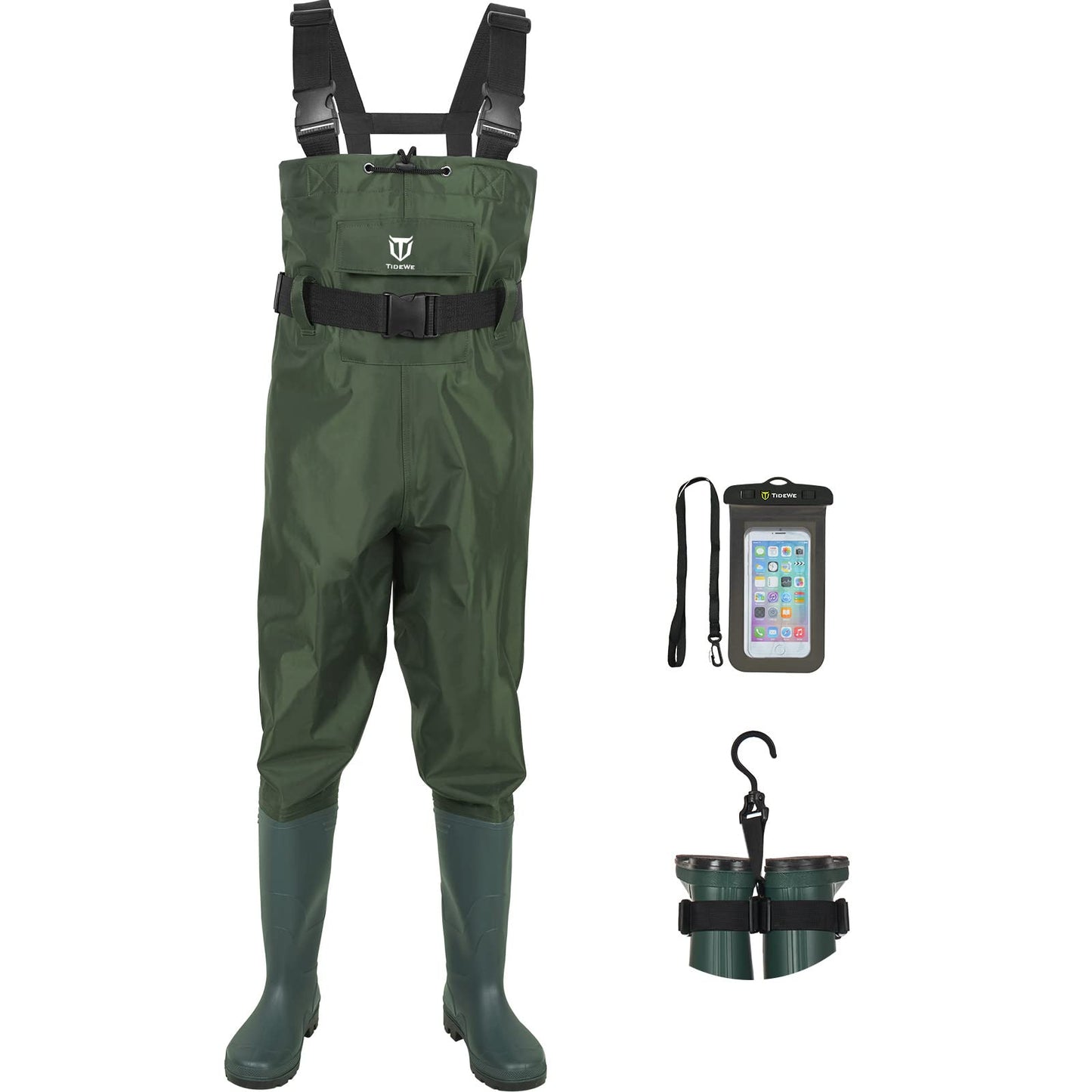 TIDEWE Bootfoot Chest Wader, 2-Ply Nylon/PVC Waterproof Fishing & Hunting Waders with Boot Hanger for Men and Women Green Size 9