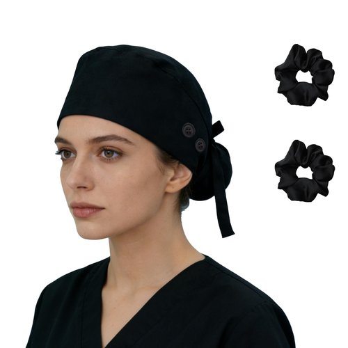 Hapforever 1PC Satin Lined Scrub Cap for Women, Surgical Nurse Caps with 4 Buttons Cotton Working Hat Sweatband Ponytail Scrub Caps for Long Hair Women with 2 Hair Ties (Black)