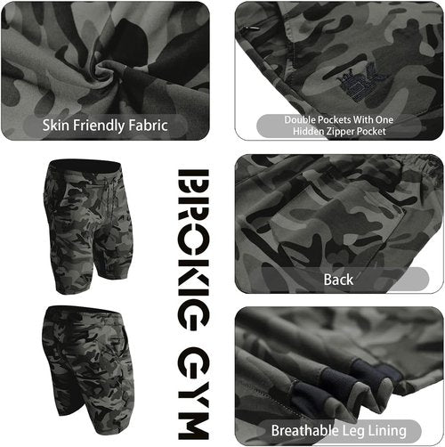 BROKIG Men's Gym Workout Shorts - Slim Fit Mesh Athletic Running Shorts with Zipper Pockets
