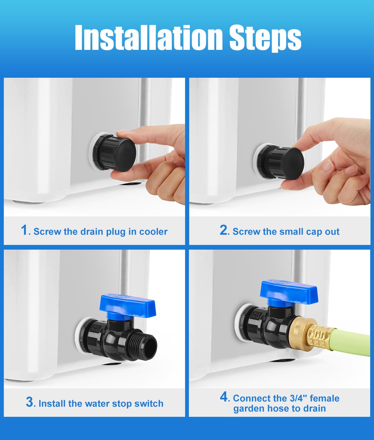WADEO Cooler Drain Plug Hose Connection, Replacement Drain Plug with PVC Garden Hose Shut Off Valve for YETI Cooler, YETI Tundra Cooler, Roadie Cooler, Tank Cooler and RTIC 20QT, 45QT, 65QT Cooler