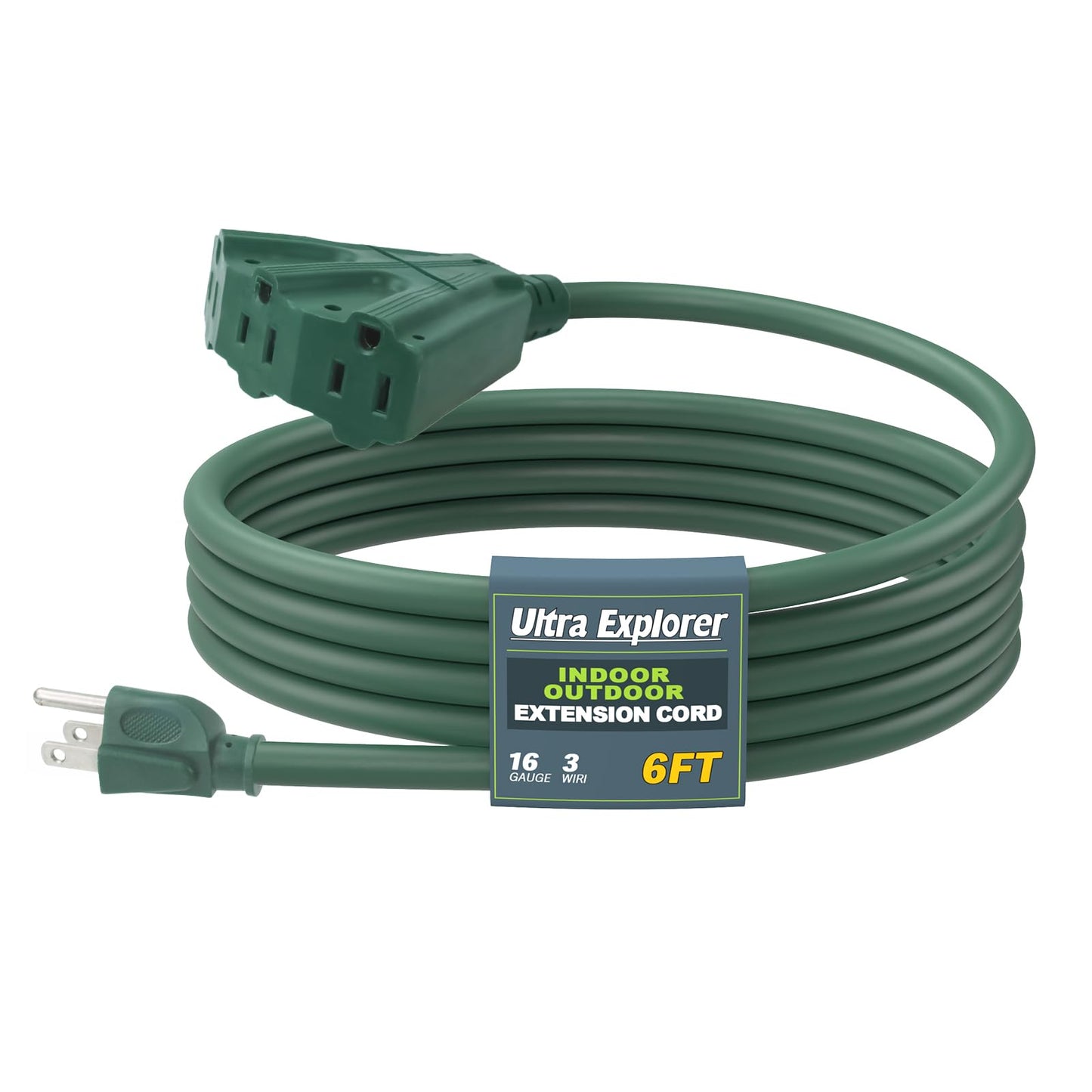 Ultra Explorer 6 Ft Outdoor Extension Cord with 3 Electrical Power Outlets - 16/3 SJTW Long-Lasting Green Cable with 3 Prong Grounded Plug