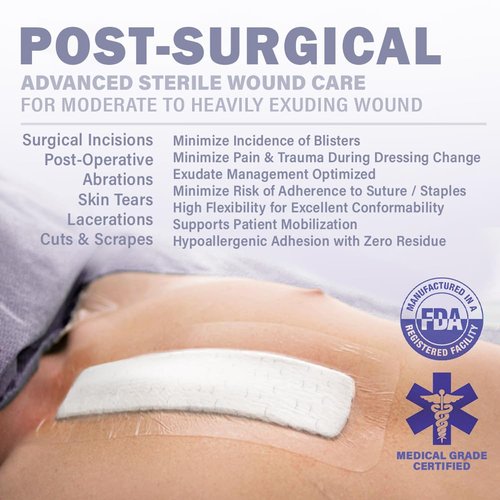 EVERLIT Post-Surgical Dressing | Sterile Waterproof Adhesive Dressing for Post-Operative Wound Care | Hypoallergenic Silicone Coated Bandage for Surgical Incision Pack of 5 (4" x 8")