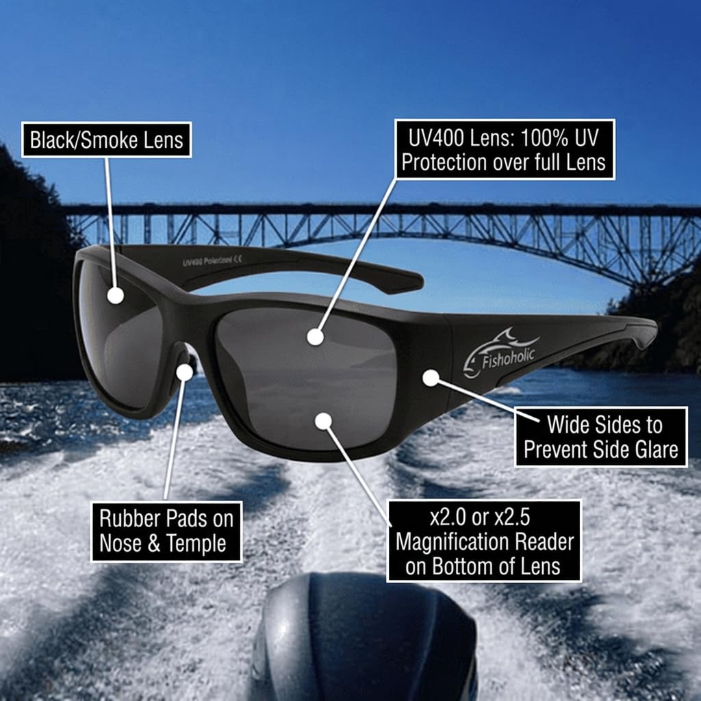 Fishoholic Polarized Bi-Focal Fishing Sunglasses with Reader Magnification (1.5x, 2.0x, 2.5x Options) and UV400 Protection