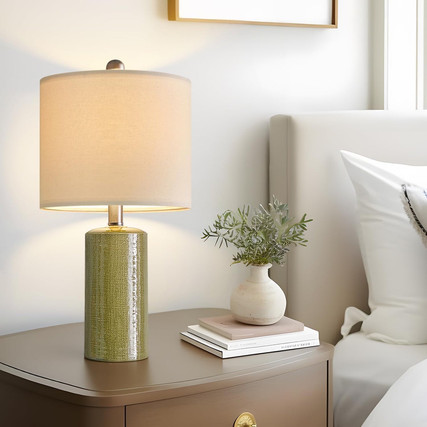 Modern Green Ceramic Table Lamp - 20.25” Nightstand & Bedside Lamp for Bedroom & Living Room