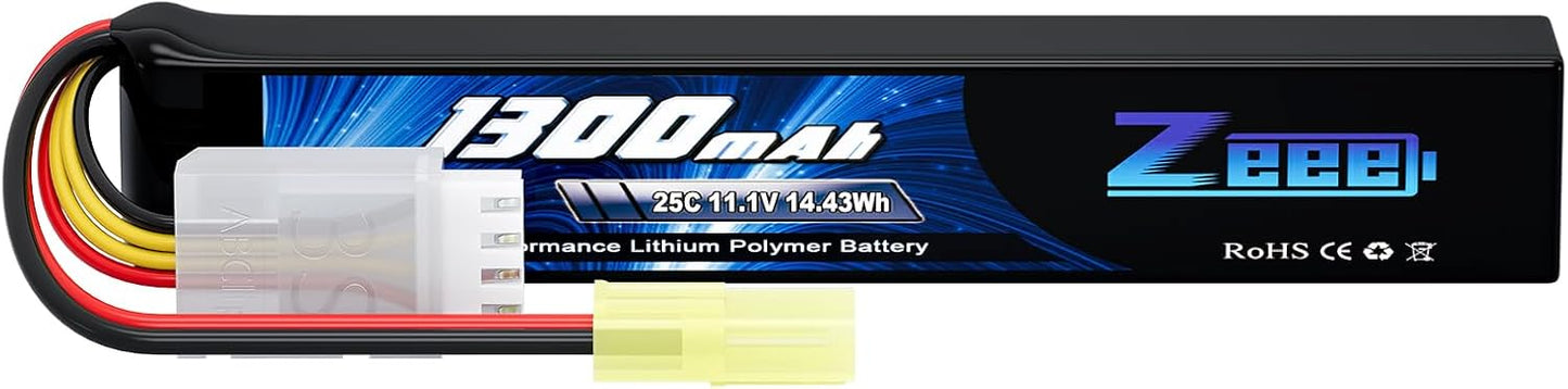 Zeee 3S Airsoft Lipo Battery - 1300mAh 11.1V 25C Stick Battery with Mini Tamiya Connector