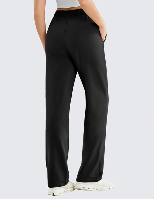 PINSPARK Straight Leg Sweatpants for Women High Rise Elastic Waist Casual Pants Warm Midweight Stretch Classic Stylish Sweat Pant with Pockets and Drawstring Medium, Black