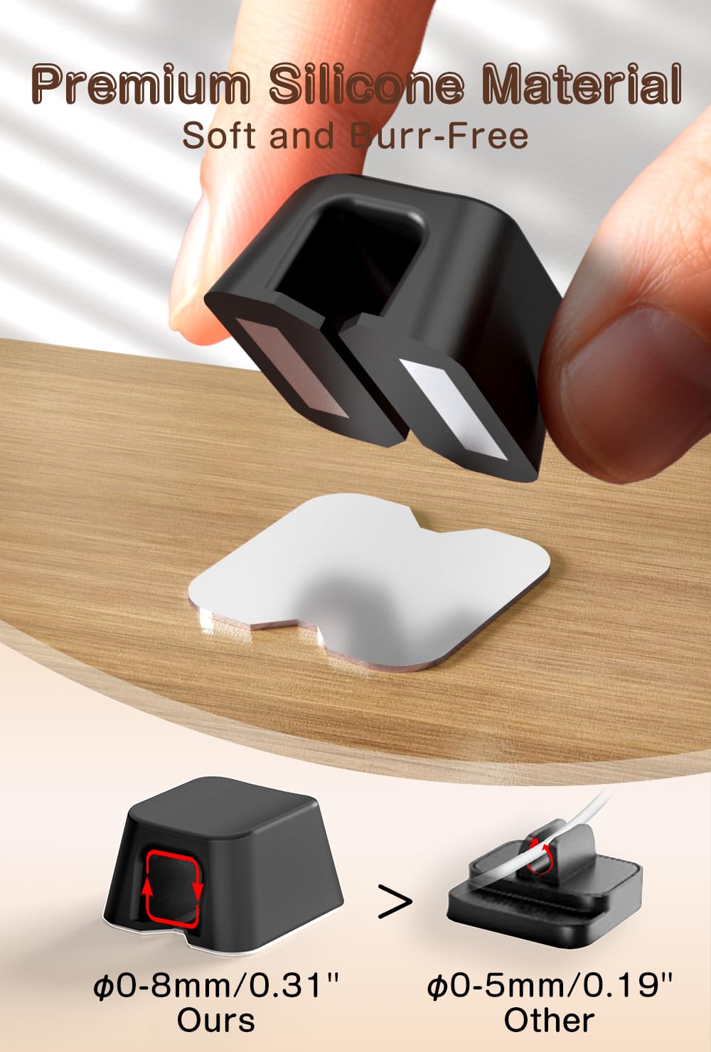 Maveek Magnetic Cord Clips, Cable Holder Magnet Silicone Cord Organizer Keyboard Keys Square Cable Management for Charging USB C Ethernet HDMI Home Office Car TV Cables (5 Pack, Black)